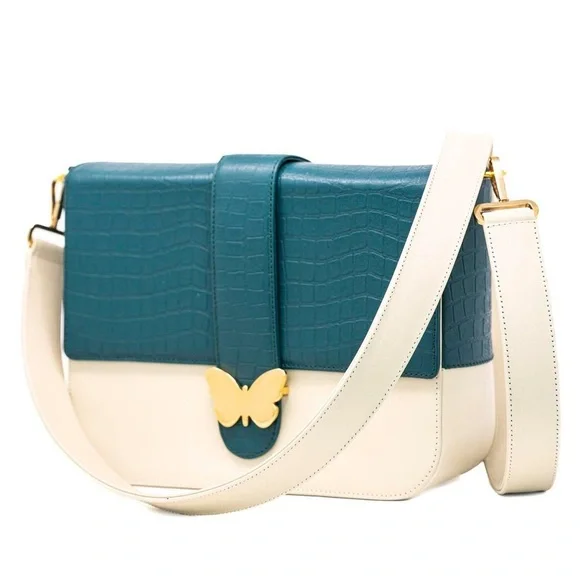 Elizabeth Sutton Leather Bag Multicolor Cream & Forest with 3D Butterfly Strap